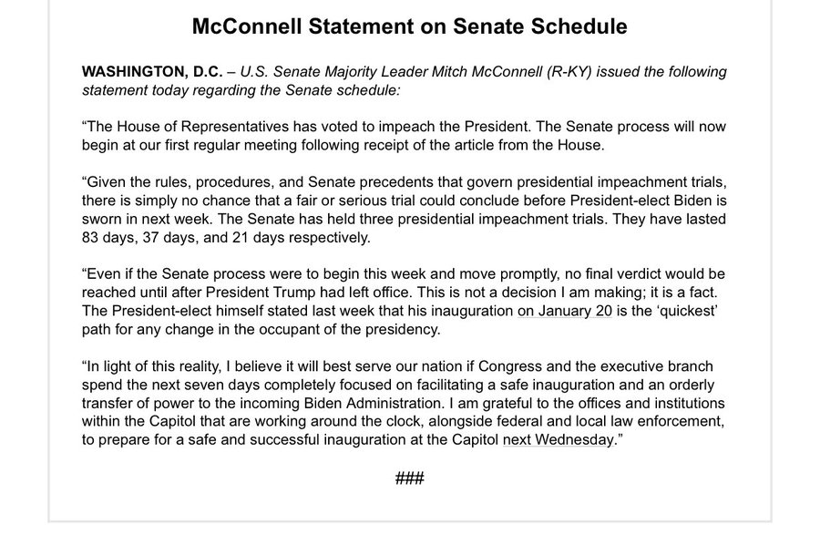 McConnell issues statement on Senate impeachment trial…